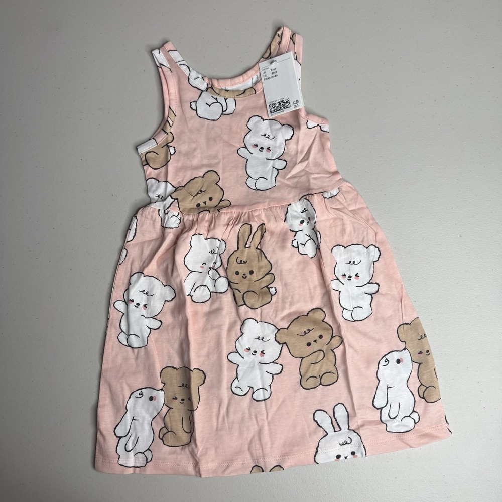 NWT H&M Kids Printed Dress Size 3/4T Pink with Brown White Teddy Bear Pattern - Picture 2 of 5